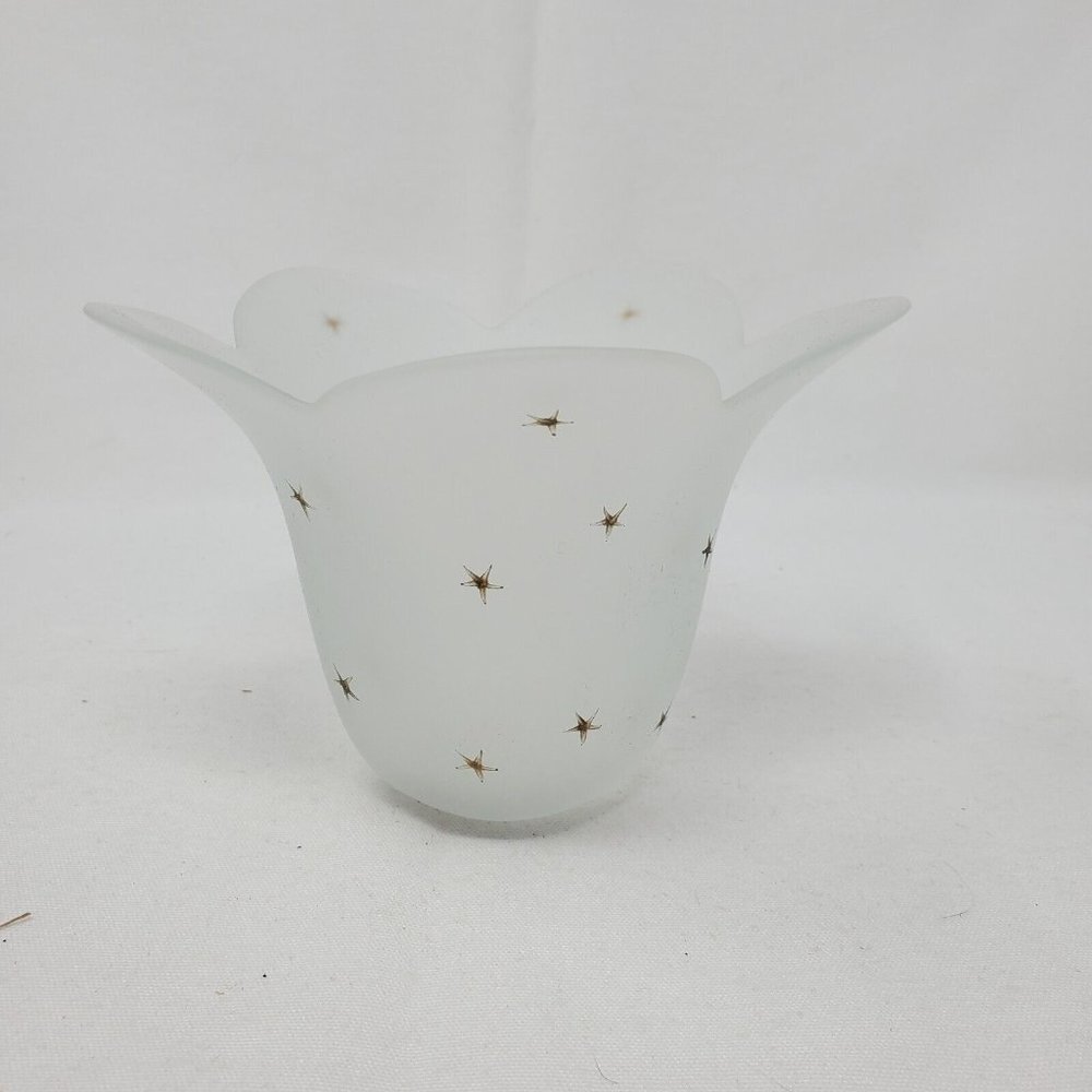 PartyLite White Satin Glass Frosted Tulip Candle Holder Gold Stars - Picture 2 of 11